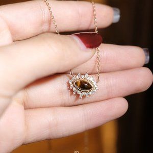 18k Gold Tiger Eye Gemstone Necklace, Skinny Demon Eye CZ Vintage Necklace